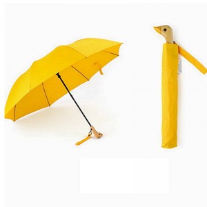 2019 Auto open Yellow duck wooden handle hook 2 folding umbrella