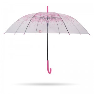 pink sakura 23'' 8k auto open plastic J handle transparent poe straight umbrella