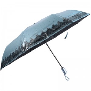 Black coating sun protection umbrella with photography design print 3 folding umbrella