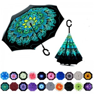2019 new design double layers inside print flower inverted upside down straight umbrella