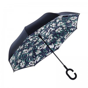 Rain umbrella windproof with flower printing design reverse umbrella striaght
