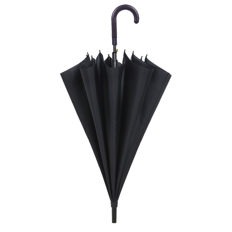 Classic best sale black pongee fabric metal frame plastic curve handle straight umbrella